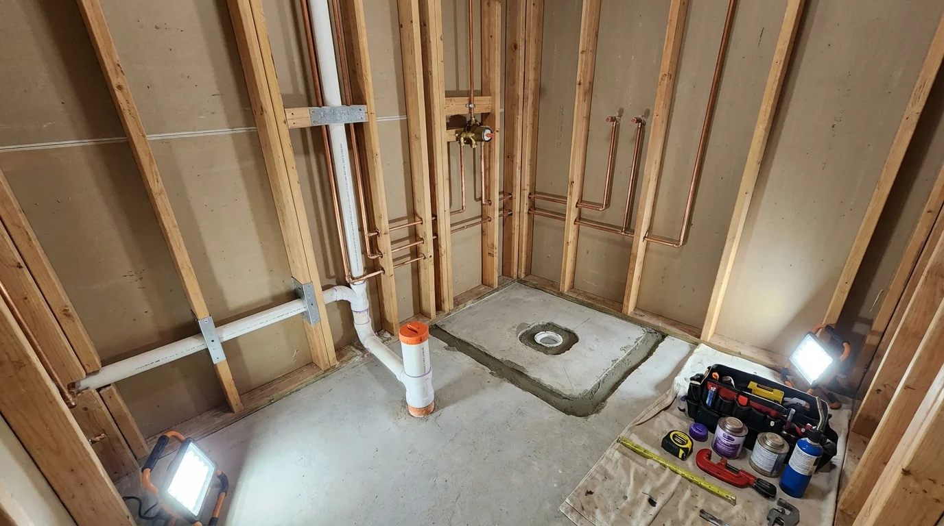 Bathroom rough-in plumbing during remodel by Johns Plumbing LLC in Tipp City