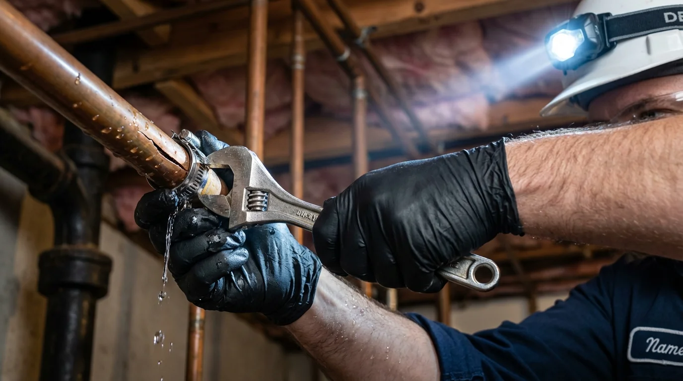 Emergency pipe clamp repair being performed by a Johns Plumbing LLC plumber in Tipp City