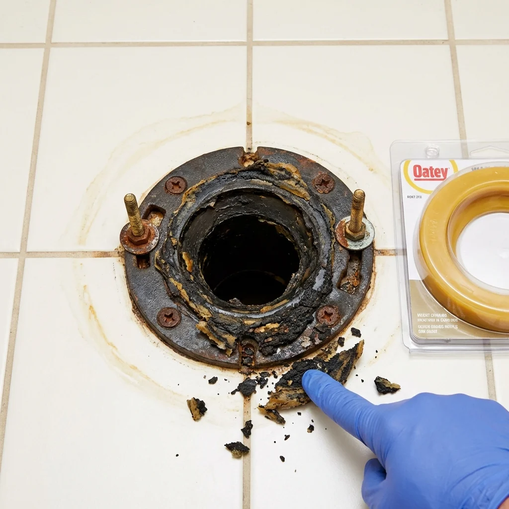 Failed wax ring showing water seepage at the base of a toilet in a Tipp City, OH home