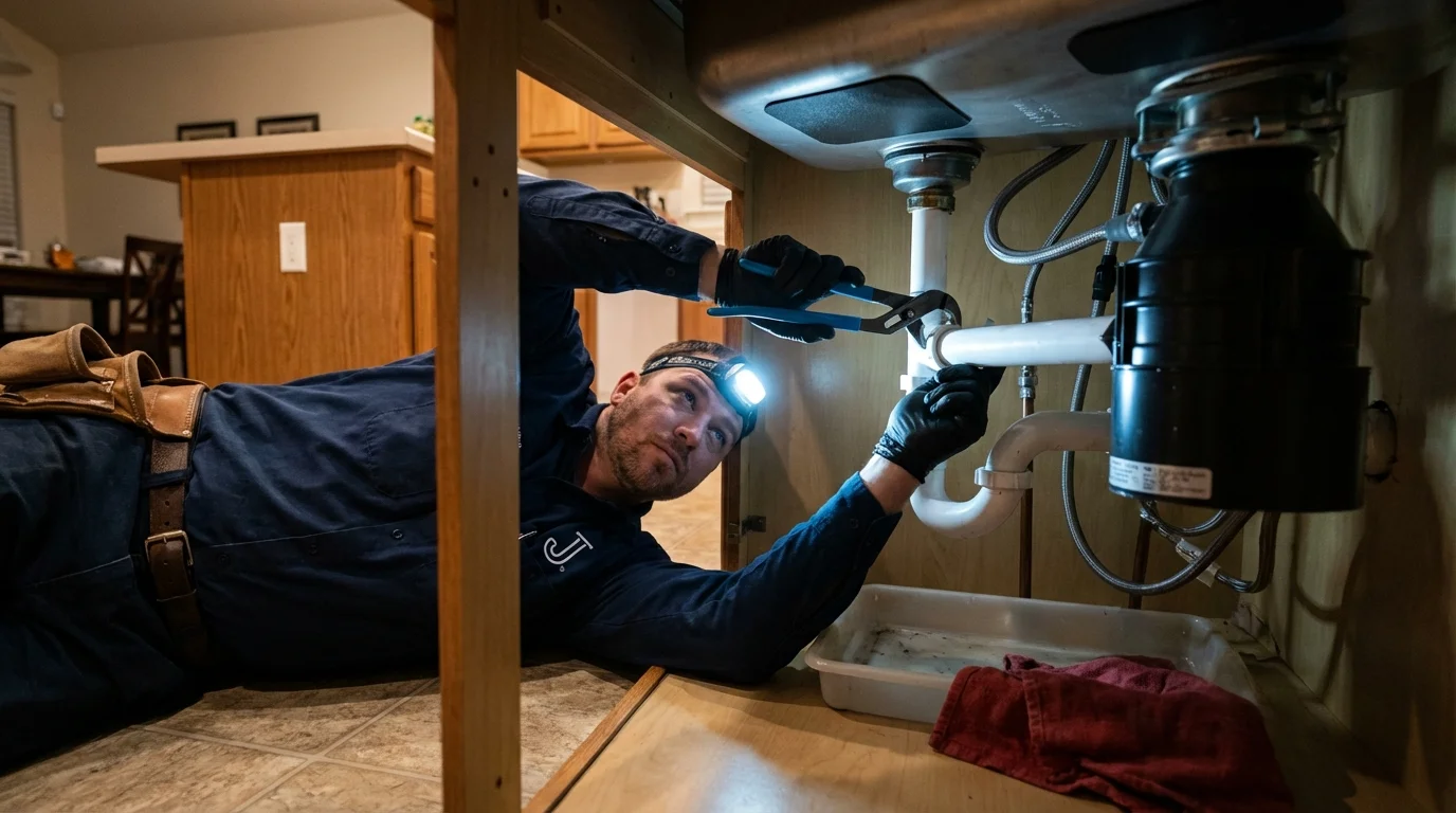 P-trap and supply line connections under a kitchen sink showing a common leak point in Tipp City, OH